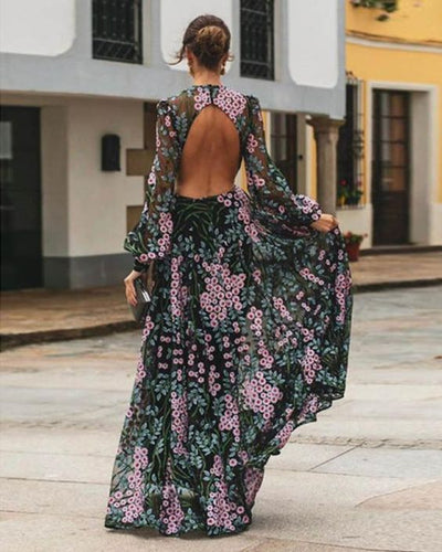 Chic Vintage Floral Backless Maxi Dress