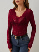 Chic V-Neck Lace Long Sleeve Top