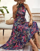 Vintage-Inspired Women's Retro Maxi Halterneck Dress