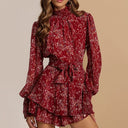 Floral Ruffle Mini Dress with Stand Collar
