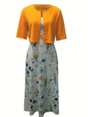 Chic Floral Dress Set with Round Neck Crop Top