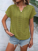 Notched Neckline T-Shirt with Eyelet Embroidery