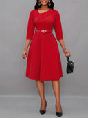 Asymmetrical Neck Belt 3/4 Sleeve Dress - Year-Round Style