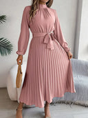 Stylish Solid Color Dress with Pleated Belt