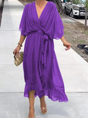 Chic Green V-Neck Chiffon Dress for Women