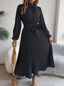 Stylish Solid Color Dress with Pleated Belt