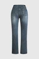 Mid Waist Flamingo Embroidered Denim Pants