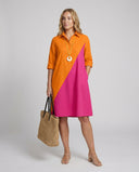 Notched Collar Shirt Dress with Three-Quarter Sleeves