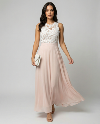 Lace-Top Sleeveless Dress with Flowing Skirt for Formal Events