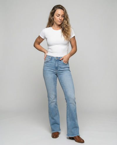 High-Waisted Women's Flared Jeans with Frayed Hem