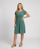 Chic Green Midi Dress with Polka Dots & Short Sleeves