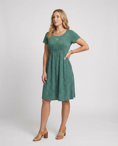 Chic Green Midi Dress with Polka Dots & Short Sleeves