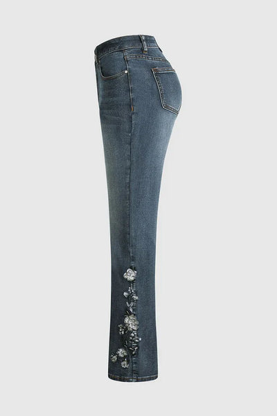 Mid Waist Flamingo Embroidered Denim Pants