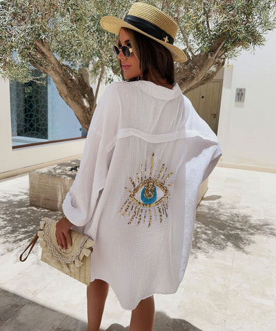 Trendy Oversized Muslin Blouse with Glitter Accents