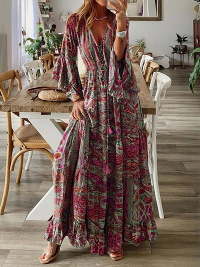 Bohemian Paisley Maxi Dress with Trumpet Sleeves