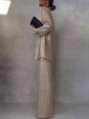 Shimmering Sequin Blazer and Wide Leg Trousers Set for Women