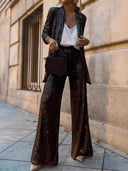 Shimmering Sequin Blazer and Wide Leg Trousers Set for Women