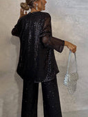Shimmering Sequin Blazer and Wide Leg Trousers Set for Women