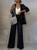 Shimmering Sequin Blazer and Wide Leg Trousers Set for Women