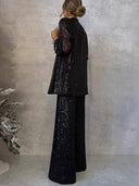 Shimmering Sequin Blazer and Wide Leg Trousers Set for Women