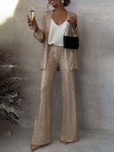 Shimmering Sequin Blazer and Wide Leg Trousers Set for Women