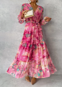 Chic Pink Long Sleeve Maxi Dress