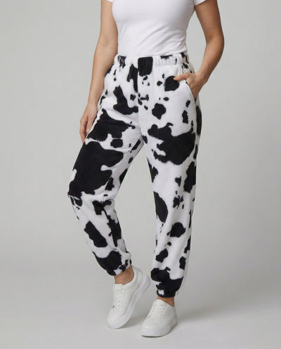 Chic Cow Print Women's Relaxed Fit Pants with Elastic Waistband