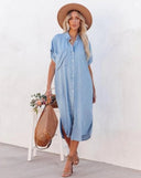 Stylish Short-Sleeved Denim Shirt Dress