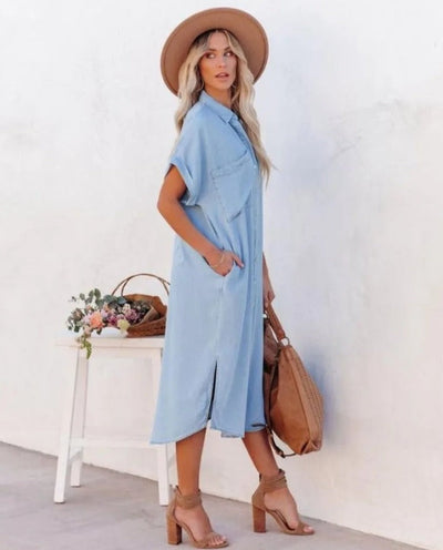 Stylish Short-Sleeved Denim Shirt Dress