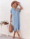 Stylish Short-Sleeved Denim Shirt Dress