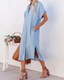 Stylish Short-Sleeved Denim Shirt Dress