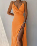 Chic Plunge Neck Ruffled Slit Dress