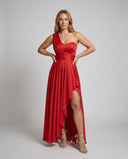 Chic Maxi Dress with Asymmetrical Hem and Ruffle Accents