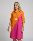 Notched Collar Shirt Dress with Three-Quarter Sleeves