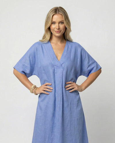 Chic V-Neck Linen Maxi Dress with Wide Sleeves