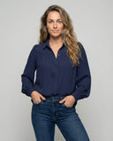 Chic Women's Blouse with Dramatic Sleeves and Ruffle Accents