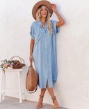 Stylish Short-Sleeved Denim Shirt Dress