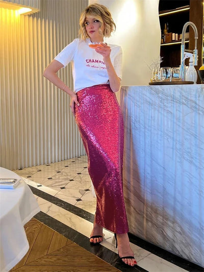 Fashionable Long High-Waisted Skirt with Glitter and Sequins for Women