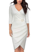 Chic V-Neck Dress with High Waist and Belt for Women
