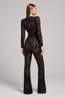 Women's Sequin Lace Long Sleeve Jumpsuit | Sheer Accents & Flared Trousers for Parties