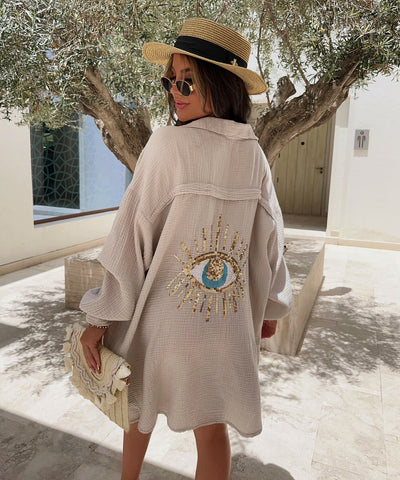 Beige Oversized Muslin Blouse with Glitter Accents